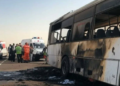 Penampakan bus pengangkut jamaah umrah yang kecelakaan di jalur Madinah-Makkah. Satu keluarga asal Semarang meninggal dunia
