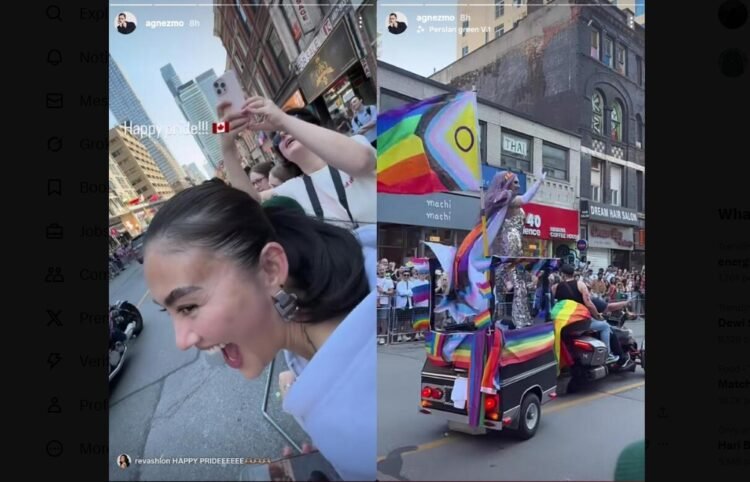 Melalui unggahan Instagram Story, Agnez tampak membagikan berbagai potret suasana parade komunitas LGBTQ yang penuh warna.