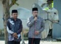 Bupati Bantul Abdul Halim Muslih secara simbolis menyerahkan bantuan sapi kurban dari Presiden Prabowo Subianto kepada warga Srimartani, Kamis (5/6/2025)