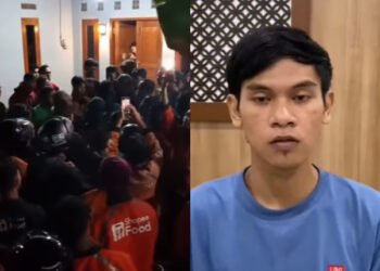 (kiri) aksi ojol gerudug rumah mas pelayaran di Godean. (kanan) mas pelayaran minta maaf kepada para ojol karena ulahnya