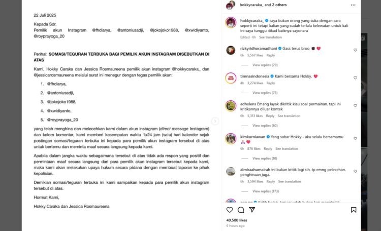 Hokky Caraka, mengambil langkah tegas dengan melayangkan somasi terbuka kepada lima akun Instagram yang diduga telah melakukan penghinaan. (tangkapan layar IG @hokkycaraka_)