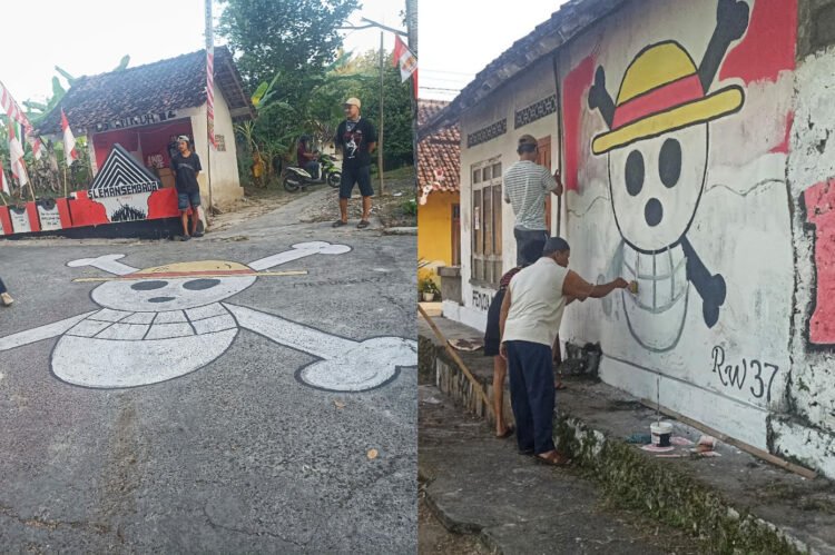 Kolase foto mural simbol jelly roger di serial anime One Piece yang muncul di sejumlah wilayah di Sleman, Kamis (7/8/2025)