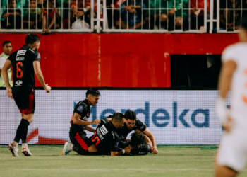 Para pemain Bali United merayakan gol yang dilesakkan ke gawang Malut United, Jumat (15/8/2025)