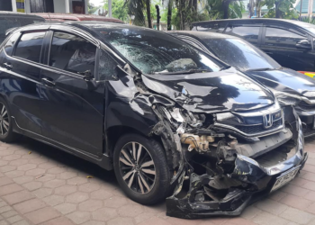 mobil yang terlibat dalam kecelakaan maut di simpang Bugisan, Wirobrajan, Kota Yogyakarta, Kamis (14/8/2025)