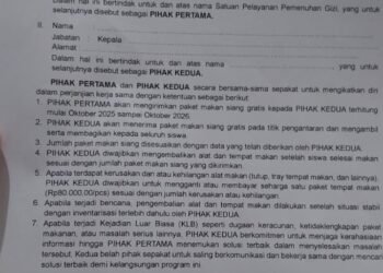 dokumen perjanjian kerja sama (PKS) terkait program Makan Bergizi Gratis (MBG) yang memuat klausul yang dianggap merugikan pihak sekolah di Sleman. [populi.id/Gregorius Bramantyo]