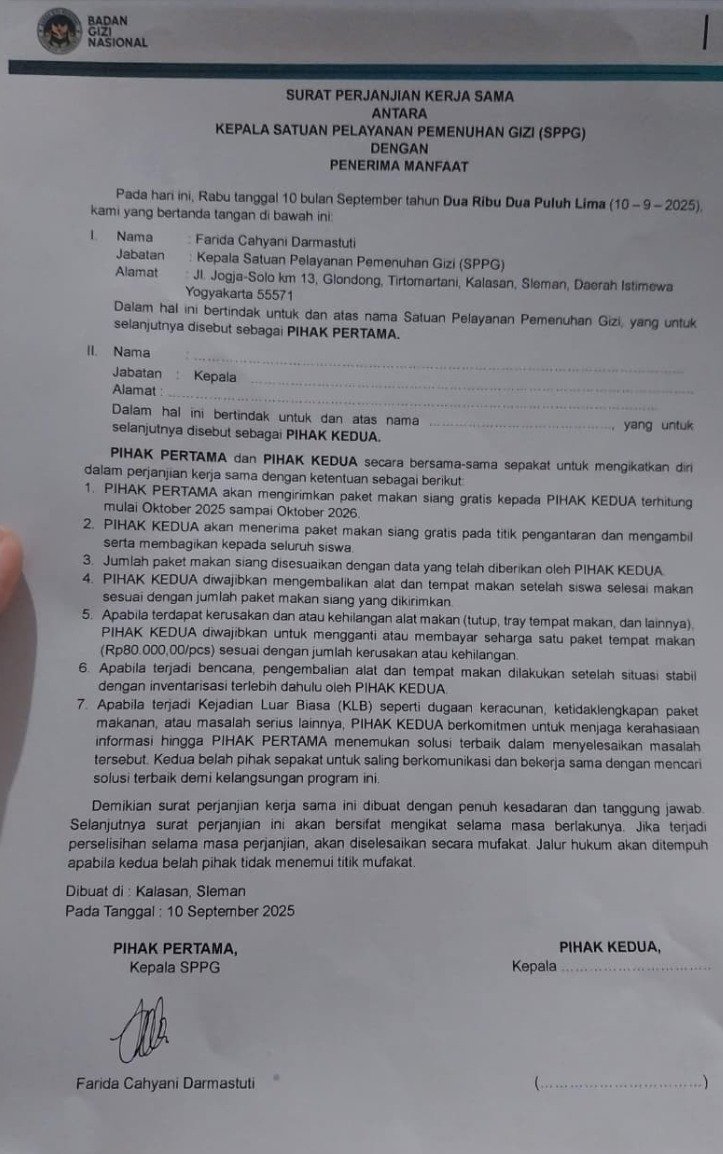 dokumen perjanjian kerja sama (PKS) terkait program Makan Bergizi Gratis (MBG) yang memuat klausul yang dianggap merugikan pihak sekolah di Sleman