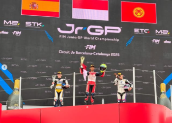 Pebalap asal Sleman, Muhammad Kiandra Ramadhipa meraih podium pertama sekaligus kemenangan bersejarah di ajang Europian Talent Cup 2025 yang digelar di sirkuit Catalunya, Barcelona, Spanyol.