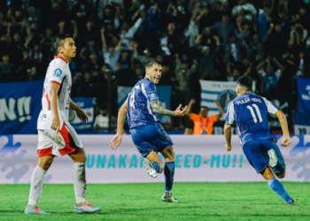 Pemain PSIM Yogyakarta merayakan gol ke gawang Bali United pada laga lanjutan BRI Super League 2025/2026 yang digelar Senin (23/2/2026)