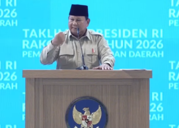 Presiden Prabowo saat bertaklimat dalam Rakornas Pemerintah Pusat dan Pemerintah Daerah 2026 di Sentul, Bogor, Jawa Barat, Senin (2/2/2026).