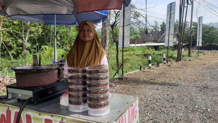 Badarmiyatun (52) penjual walang goreng di jalan Jogja-Wonosari, Gunungkidul, DIY, Kamis (26/3/2026).