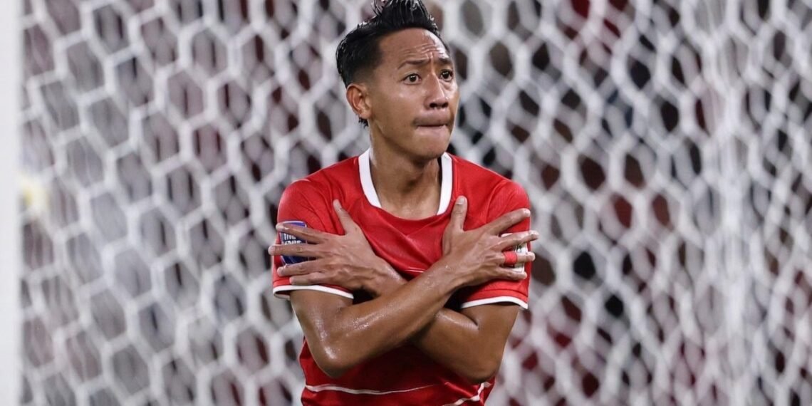 Pemain Timnas Indonesia, Beckham Putra Nugraha, melakukan selebrasi usai mencetak gol ke gawang Saint Kitts and Nevis dalam ajang FIFA Series 2026 di Stadion Utama Gelora Bung Karno, Jakarta, Jumat (27/3/2026).
