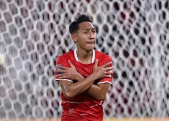 Pemain Timnas Indonesia, Beckham Putra Nugraha, melakukan selebrasi usai mencetak gol ke gawang Saint Kitts and Nevis dalam ajang FIFA Series 2026 di Stadion Utama Gelora Bung Karno, Jakarta, Jumat (27/3/2026).