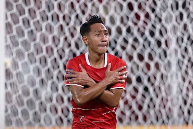 Pemain Timnas Indonesia, Beckham Putra Nugraha, melakukan selebrasi usai mencetak gol ke gawang Saint Kitts and Nevis dalam ajang FIFA Series 2026 di Stadion Utama Gelora Bung Karno, Jakarta, Jumat (27/3/2026).