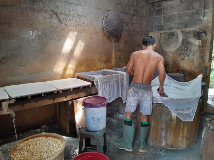 Aktivitas perajin tahu di tempat produksi tahu Bu Sum, Kelurahan Gedongkiwo, Kemantren Mantrijeron, Kota Yogyakarta, Rabu (13/5/2026).