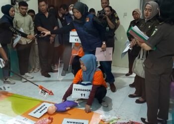 satu di antara sejumlah tersangka sedang memperagakan aksi mengikat anak yang dititipkan di Daycare Little Aresha Kota Yogyakarta, saat rekontruksi pada Selasa (10/6/2026).