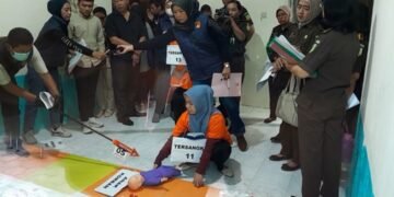 satu di antara sejumlah tersangka sedang memperagakan aksi mengikat anak yang dititipkan di Daycare Little Aresha Kota Yogyakarta, saat rekontruksi pada Selasa (10/6/2026).