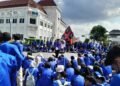 Suasana Titik Nol Kilometer Malioboro Kota Yogyakarta saat ratusan massa aksi dari mahasiswa UII mengungkapkan enam tuntutan untuk pemerintah, Senin (15/6/2026).