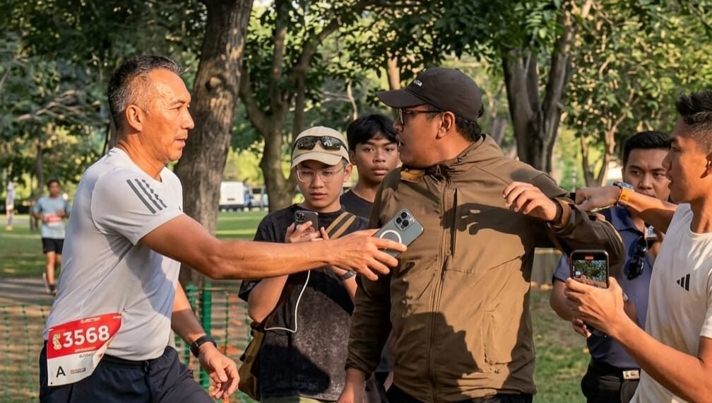 Tangkapan layar saat Danrem 072/Pamungkas, Brigjen TNI Yuniar Dwi Hantono, terlibat cek-cok dengan marshal event Mandiri Jogja Maraton karena ajudannya ditarik ke luar lintasan, Minggu (21/6/2026).