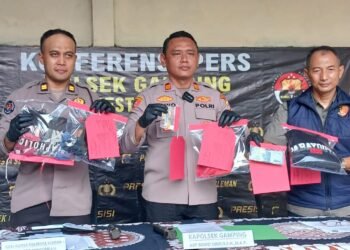 Jumpa pers kasus pemerasan dan pengancaman di Jalqqn Siliwangi, Salakan, Trihanggo, Gamping, Sleman, Selasa (23/6/2026).