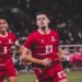 Pemain Timnas Indonesia, Justin Hubner (kanan), merayakan gol yang dicetak ke gawang Oman dalam laga FIFA Matchday di Stadion Utama Gelora Bung Karno, Jakarta, Selasa (5/6/2026).