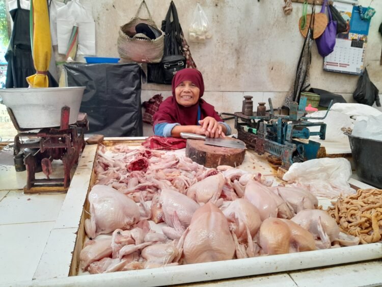 Seorang pedagang daging ayam di Pasar Kranggan Kota Yogyakarta sedang menunggu pembeli, Kamis (2/7/2026).